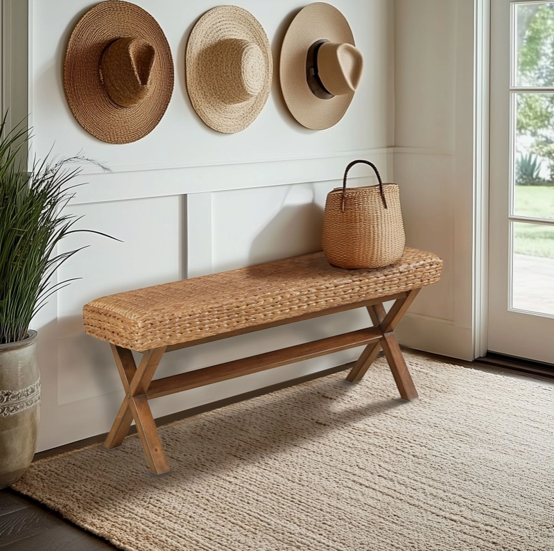 Seagrass Woven Farmhouse Bench