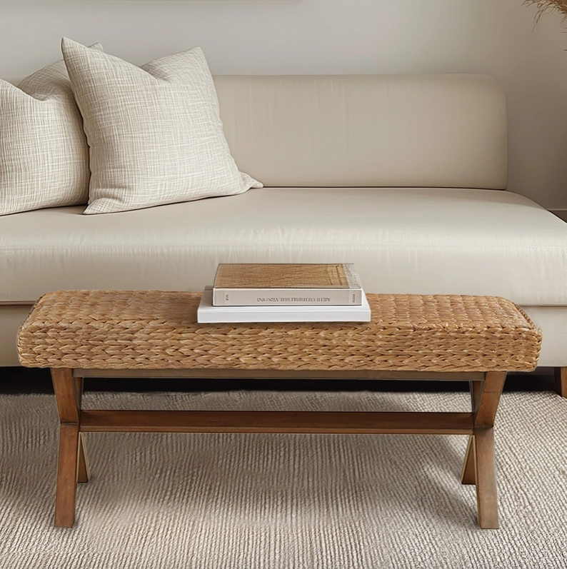 Seagrass Woven Farmhouse Bench