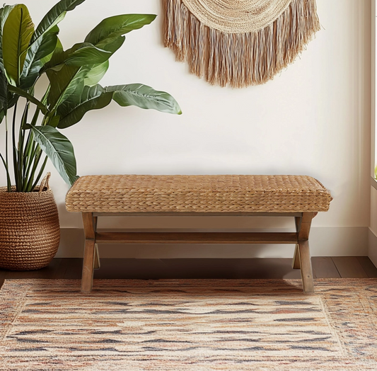 Seagrass Woven Farmhouse Bench